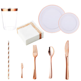 Rose Gold Rimmed Plastic Dinnerware Set - Dinner & Salad Plates, Cups, Cutlery Set, Napkin - Wedding & Birthday Parties - Jolly Chef - JOLLYCHEF
