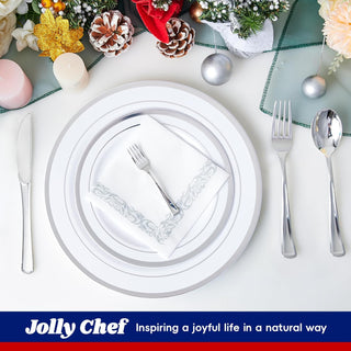 Sliver Rimmed Plastic Dinnerware Set - Dinner & Salad Plates, Cups, Cutlery Set, Napkin - Wedding & Birthday Parties - Jolly Chef - JOLLYCHEF