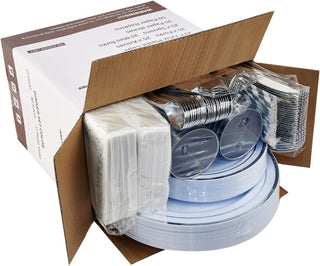 Sliver Rimmed Plastic Dinnerware Set - Dinner & Salad Plates, Cups, Cutlery Set, Napkin - Wedding & Birthday Parties - Jolly Chef - JOLLYCHEF