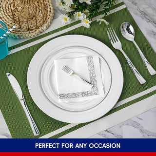 Sliver Rimmed Plastic Dinnerware Set - Dinner & Salad Plates, Cups, Cutlery Set, Napkin - Wedding & Birthday Parties - Jolly Chef - JOLLYCHEF