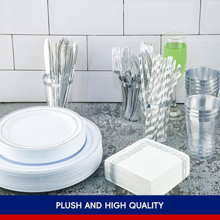 Sliver Rimmed Plastic Dinnerware Set - Dinner & Salad Plates, Cups, Cutlery Set, Napkin - Wedding & Birthday Parties - Jolly Chef - JOLLYCHEF