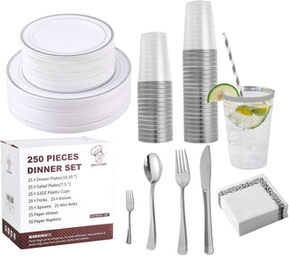 Sliver Rimmed Plastic Dinnerware Set - Dinner & Salad Plates, Cups, Cutlery Set, Napkin - Wedding & Birthday Parties - Jolly Chef - JOLLYCHEF