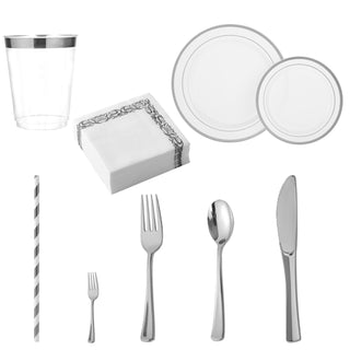 Sliver Rimmed Plastic Dinnerware Set - Dinner & Salad Plates, Cups, Cutlery Set, Napkin - Wedding & Birthday Parties - Jolly Chef - JOLLYCHEF