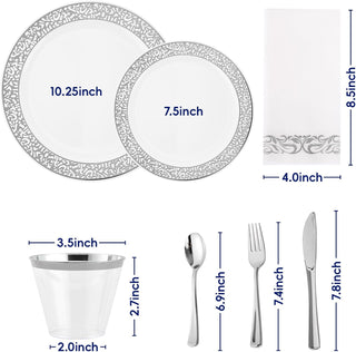 White with Sliver Lace Rim Plastic Dinnerware Set - Dinner & Salad Plates, Cups, Cutlery Set, Napkin - Party & Dining - Jolly Chef - JOLLYCHEF