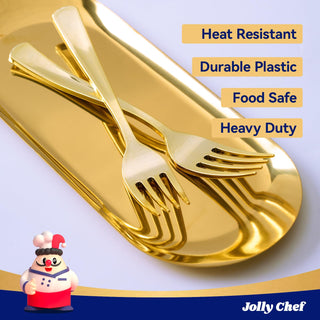 7.28in Gold Heavy Duty Disposable Plastic Forks - Wedding & Party Use - Jolly Chef - JOLLYCHEF