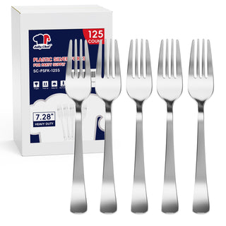 7.28in Silver Heavy Duty Disposable Plastic Forks - Wedding & Party Use - Jolly Chef - JOLLYCHEF