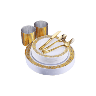 White with Gold Rim Round Plastic Gold Dinnerware Set - Party & Dinner Events - Jolly Chef - JOLLYCHEF