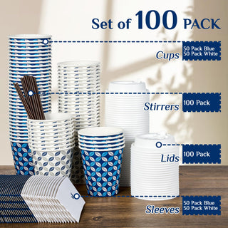 Multiple Size Blue & Grey Leaf Pattern Paper Coffee Cups With Lids & Sleeves & Stirrers - Office & Cafe - Jolly Chef - JOLLYCHEF