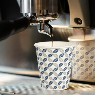 Multiple Size Blue & Grey Leaf Pattern Paper Coffee Cups With Lids & Sleeves & Stirrers - Office & Cafe - Jolly Chef - JOLLYCHEF