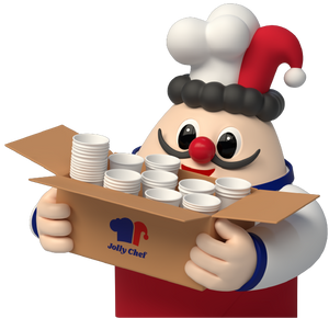 Cartoon character holding a box of Jolly Chef products on a white background