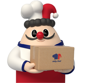 Animated character in a chef's outfit holding a box with 'Jolly Chef' logo on a white background