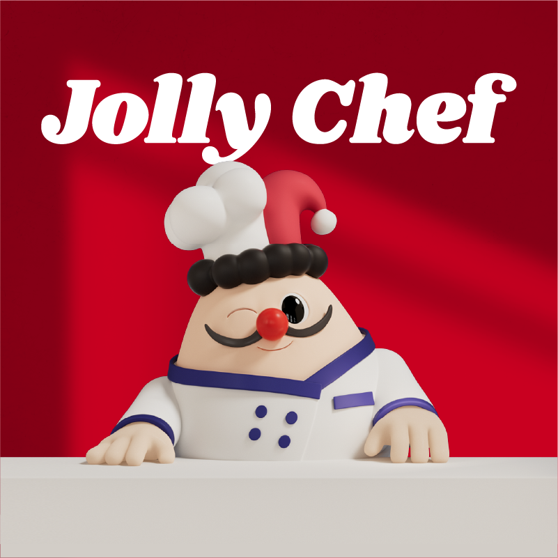A cheerful cartoon chef with a red and white hat and mustache smiles and winks against a vibrant red background, captioned "Jolly Chef."