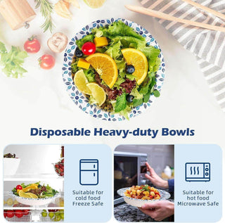 12oz/ 16oz/ 20oz Blue Leaf Pattern Round Paper Bowls - Party & Picnic Use - Jolly Chef - JOLLYCHEF