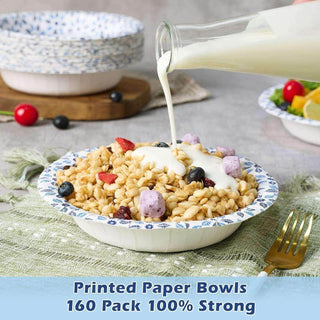 12oz/ 16oz/ 20oz Blue Leaf Pattern Round Paper Bowls - Party & Picnic Use - Jolly Chef - JOLLYCHEF