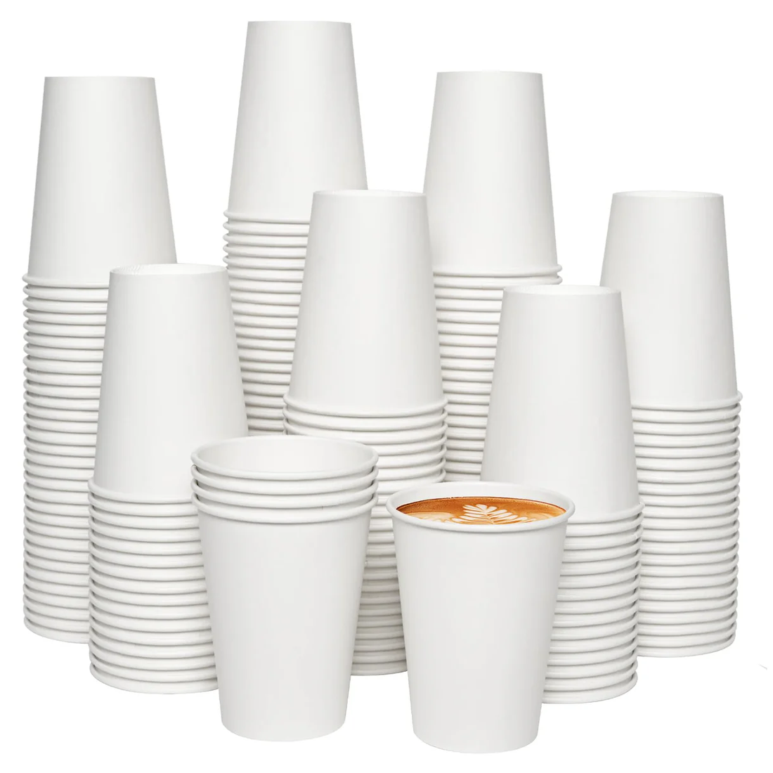  Jolly Chef blog cover from August 2024 a stack of white disposable paper cups, with one cup in the front holding coffee that has latte art.