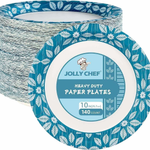  Jolly Chef blog cover from September 2024 Stacked Jolly Chef heavy-duty 10-inch paper plates (140 count) feature blue and white floral patterns.