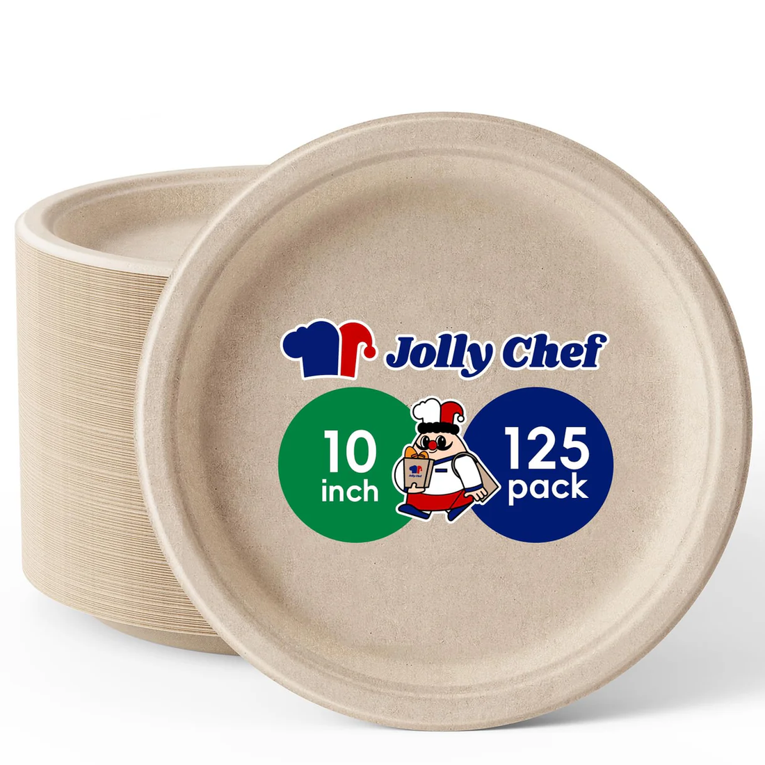  Jolly Chef blog cover from September 2024 display of Jolly Chef 10-inch beige paper plates in a 125-count pack, featuring brand labeling and product details.