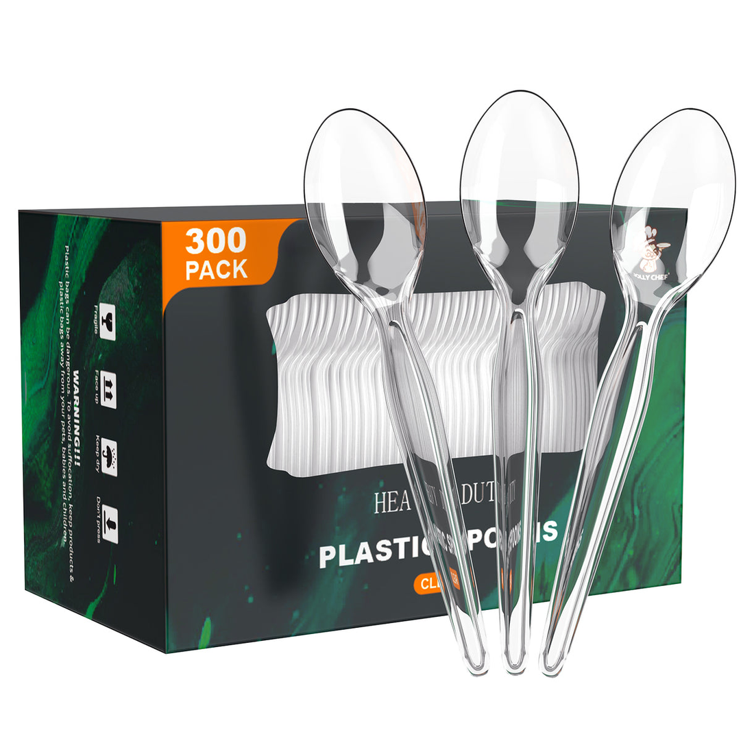 A box of 300 Jolly Chef clear plastic spoons, featuring three spoons in front, labeled "Heavy Duty Plastic Spoons."