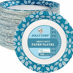 Stack of Jolly Chef heavy-duty paper plates, featuring a floral design, with 140 plates sized 10 inches each.