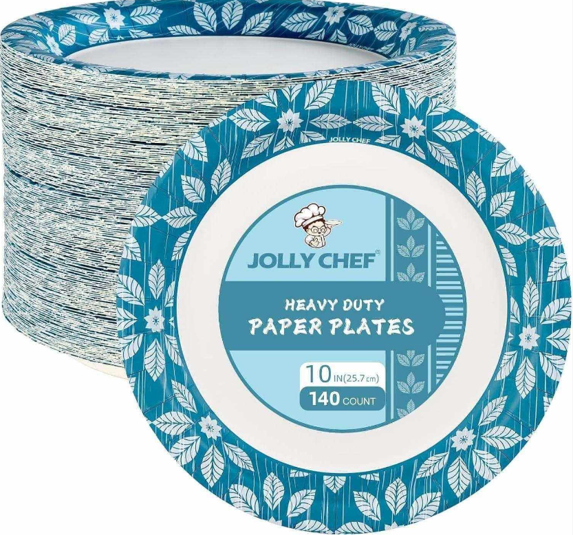 Stack of Jolly Chef heavy-duty paper plates, featuring a floral design, with 140 plates sized 10 inches each.