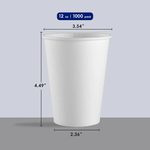 A Jolly Chef 12 oz white paper cup displayed with dimensions: height 4.49", top diameter 3.54", bottom diameter 2.36", available in a 1000 pack.