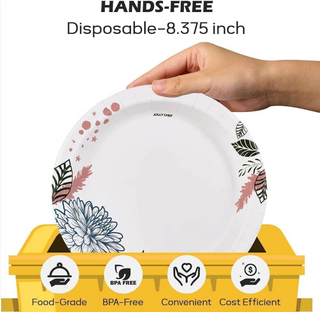 A hand holds a decorative Jolly Chef disposable plate above a yellow recycling bin, highlighting its food-grade, BPA-free, and cost-efficient features.