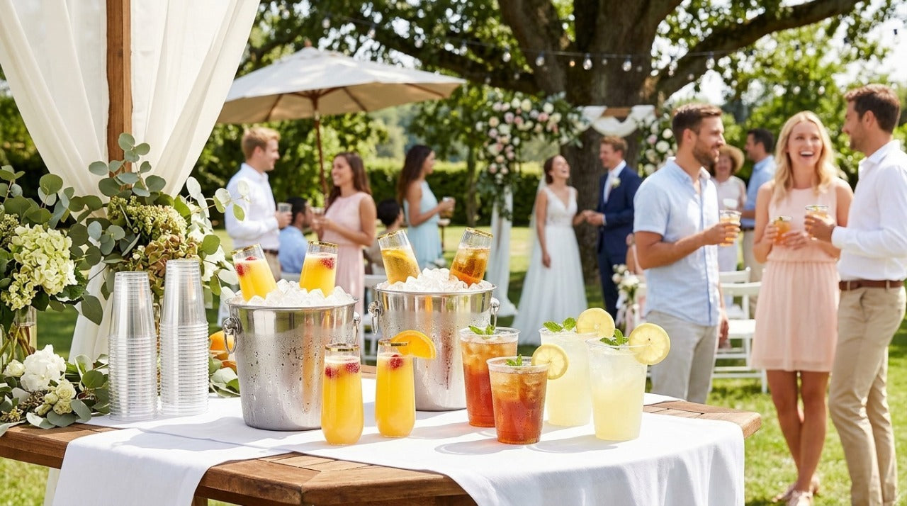 Clear plastic cups and gold-rimmed flutes with cold drinks on a sunny outdoor wedding table in high heat.