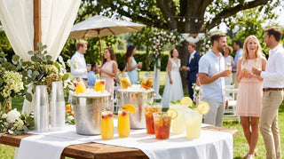 Clear plastic cups and gold-rimmed flutes with cold drinks on a sunny outdoor wedding table in high heat.
