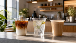 Jollychef PET PP and PLA disposable cups side by side showing material clarity and texture differences for cold beverage service