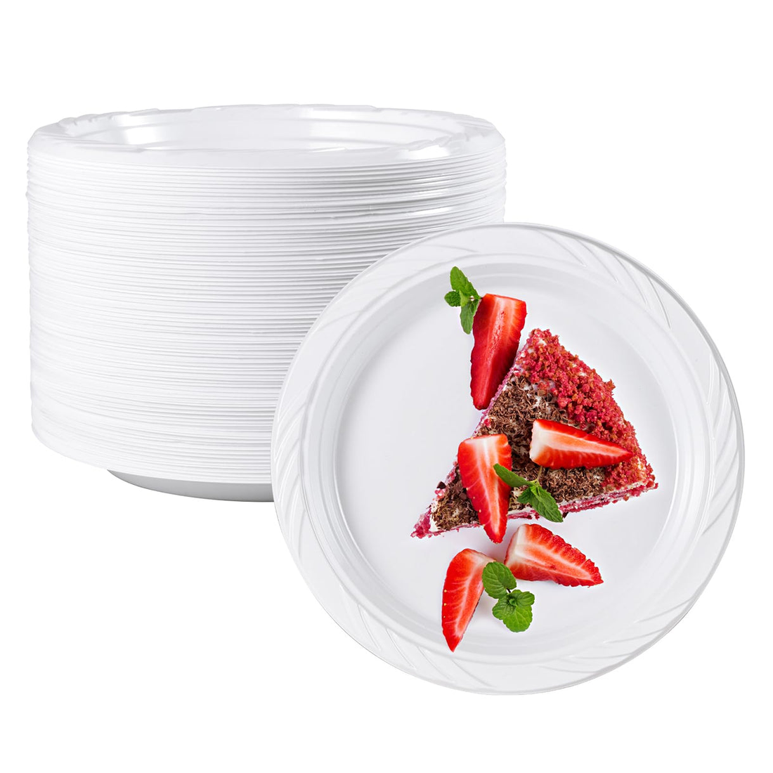 A stack of Jolly Chef white plates beside a single plate showcasing a slice of cake topped with strawberries and mint leaves.