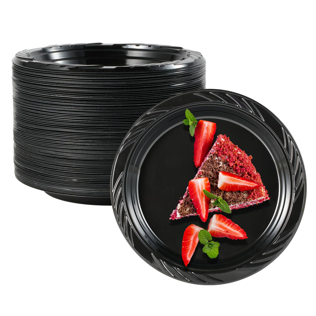 A stack of black disposable Jolly Chef plates next to one featuring a colorful slice of layered cake, garnished with strawberries and mint.
