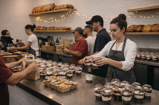Jollychef staff efficiently serve customers fresh parfaits and cookies in a bustling, warm bakery atmosphere