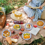 A woman in a striped dress reads on a picnic blanket surrounded by a colorful assortment of food, drinks, and a straw hat.