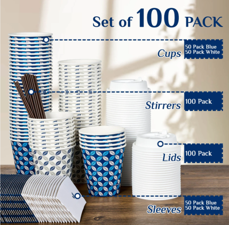 Image of a packaging set featuring 100 Jolly Chef disposable cup supplies: 50 blue and 50 white cups, stirrers, lids, and sleeves displayed on a table.