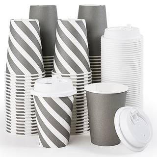 A stack of gray and white striped Jolly Chef disposable cups, alongside plain white lids and additional cups neatly arranged in rows.