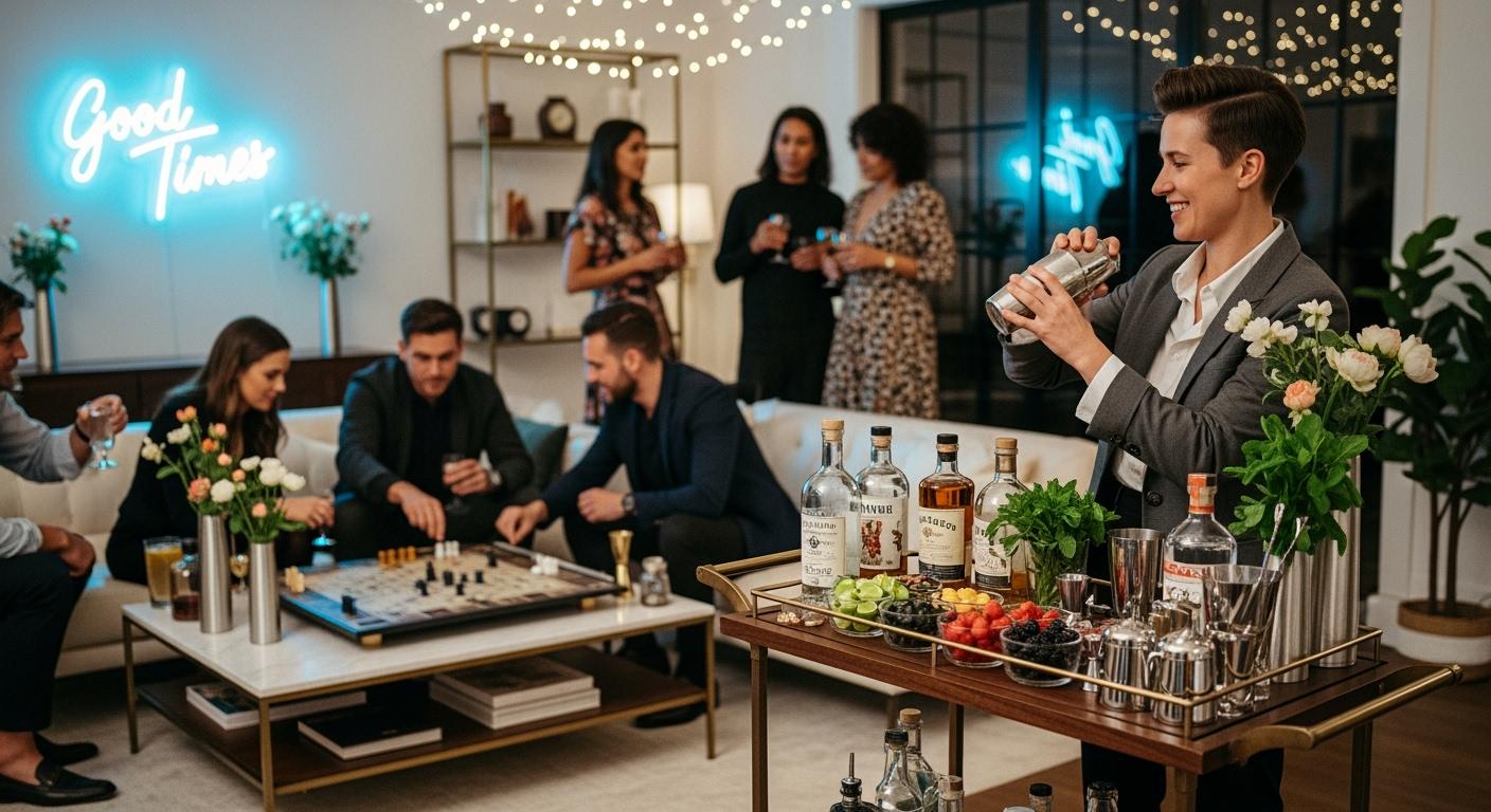 Adults enjoying a coordinated themed party with drinks, lighting, and table decorations