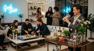 Adults enjoying a coordinated themed party with drinks, lighting, and table decorations