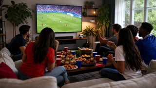 Jollychef disposable tableware spread for a World Cup watch party including plates cups napkins and cutlery on a festive game day table