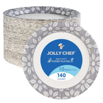 Heavy-duty Jolly Chef paper plates in a floral design, featuring a 10-inch size and 140 count, packaged in a stylish box.