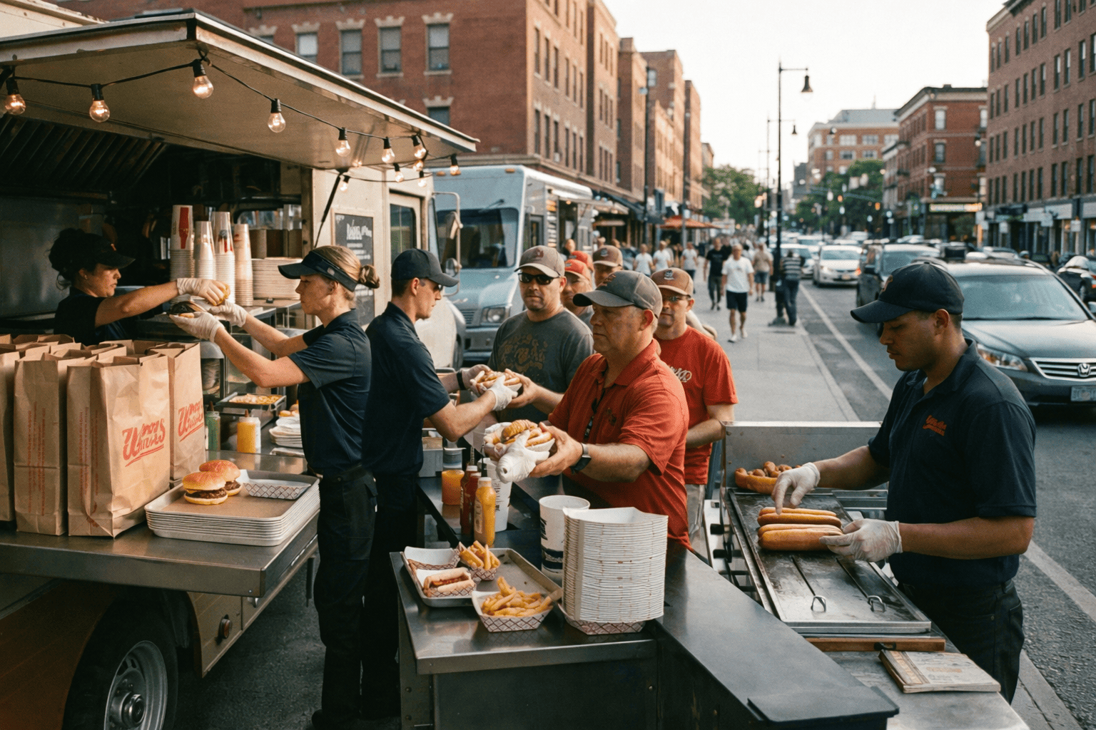 Busy street food scene with staff in black caps serving hungry customers. Jollychef disposables keep the line moving