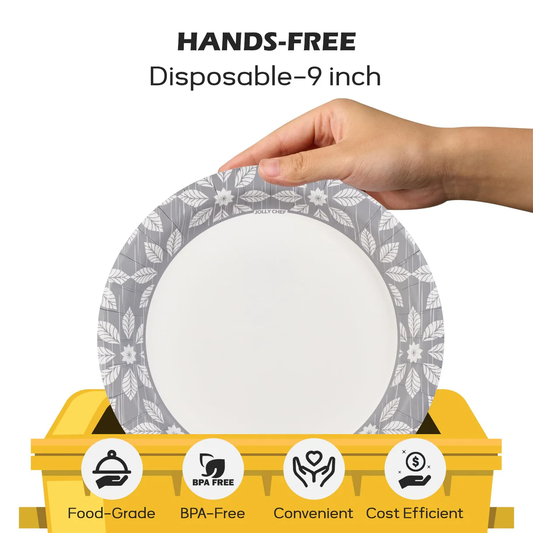 A hand holding a 9-inch Jolly Chef disposable plate with a floral design, labeled "Hands-Free," with icons highlighting its qualities.