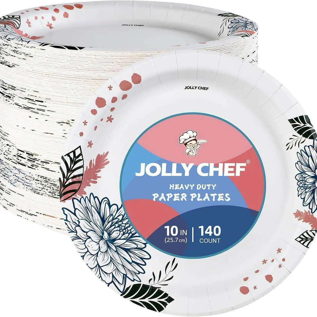 A stack of Jolly Chef heavy-duty paper plates, 10 inches, featuring floral designs, with a label stating 140 count.