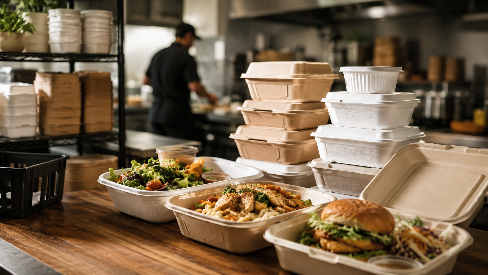 Takeout containers in a restaurant kitchen showing different food packaging sizes for delivery orders	
