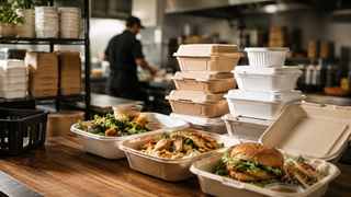 Takeout containers in a restaurant kitchen showing different food packaging sizes for delivery orders	