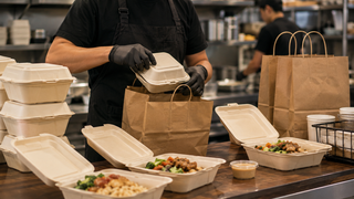 Restaurant worker packing compostable food containers and paper takeout bags in a kitchen