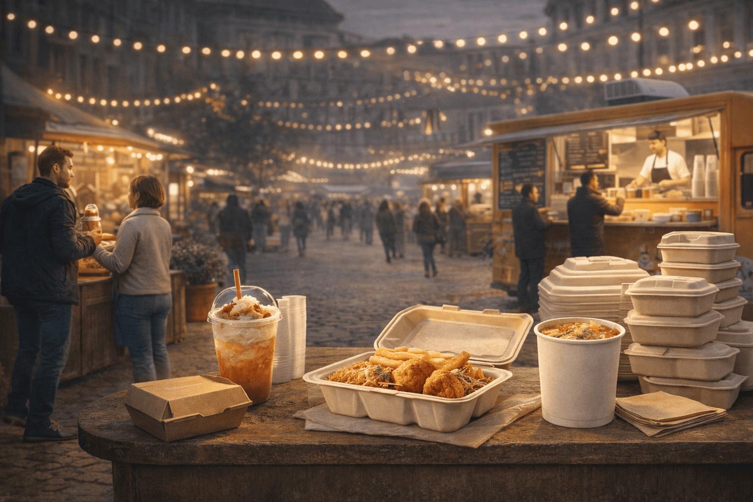Street food market: Eco-friendly takeout containers, cups for leak-free food packaging