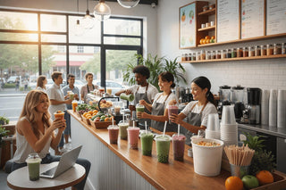 Busy juice bar: smoothie cups, fresh fruit, and staff preparing smoothies