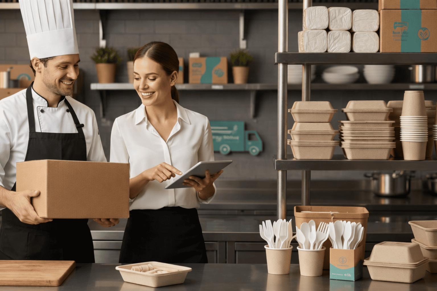 Chef & manager inspect sustainable food packaging inventory