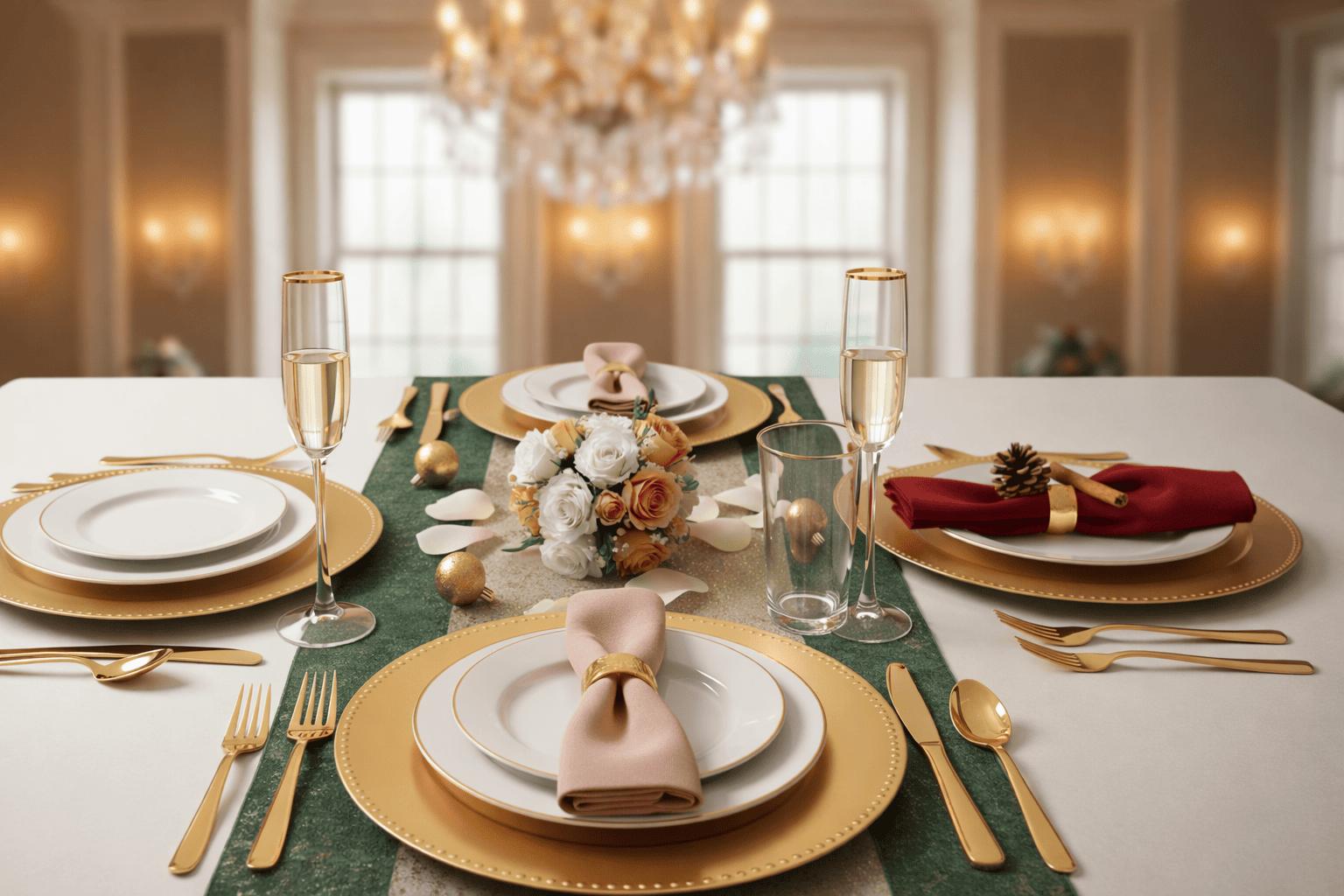 Elegant table setting with gold chargers and champagne flutes