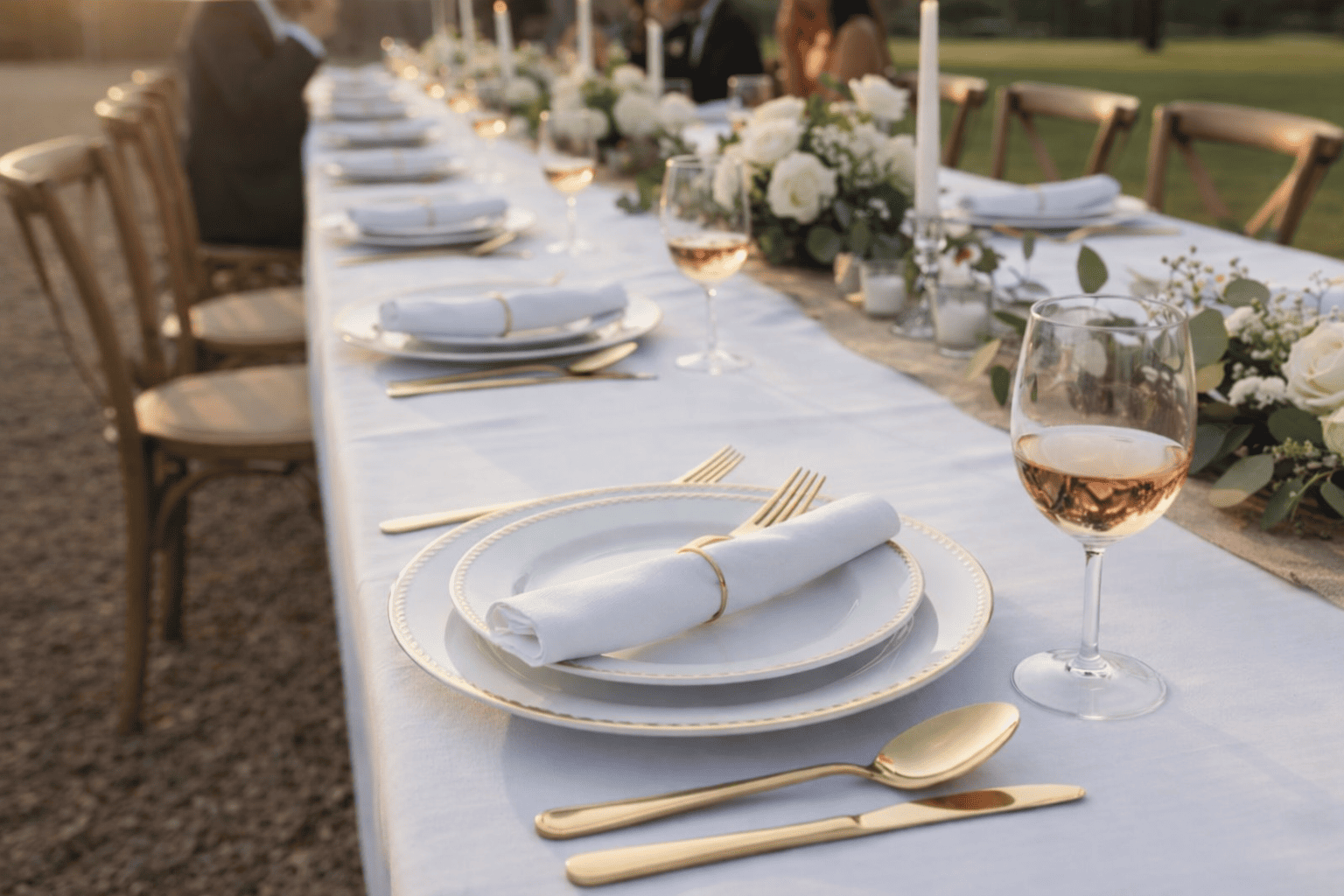 Elegant banquet table setting with gold cutlery, white plates, and floral decor